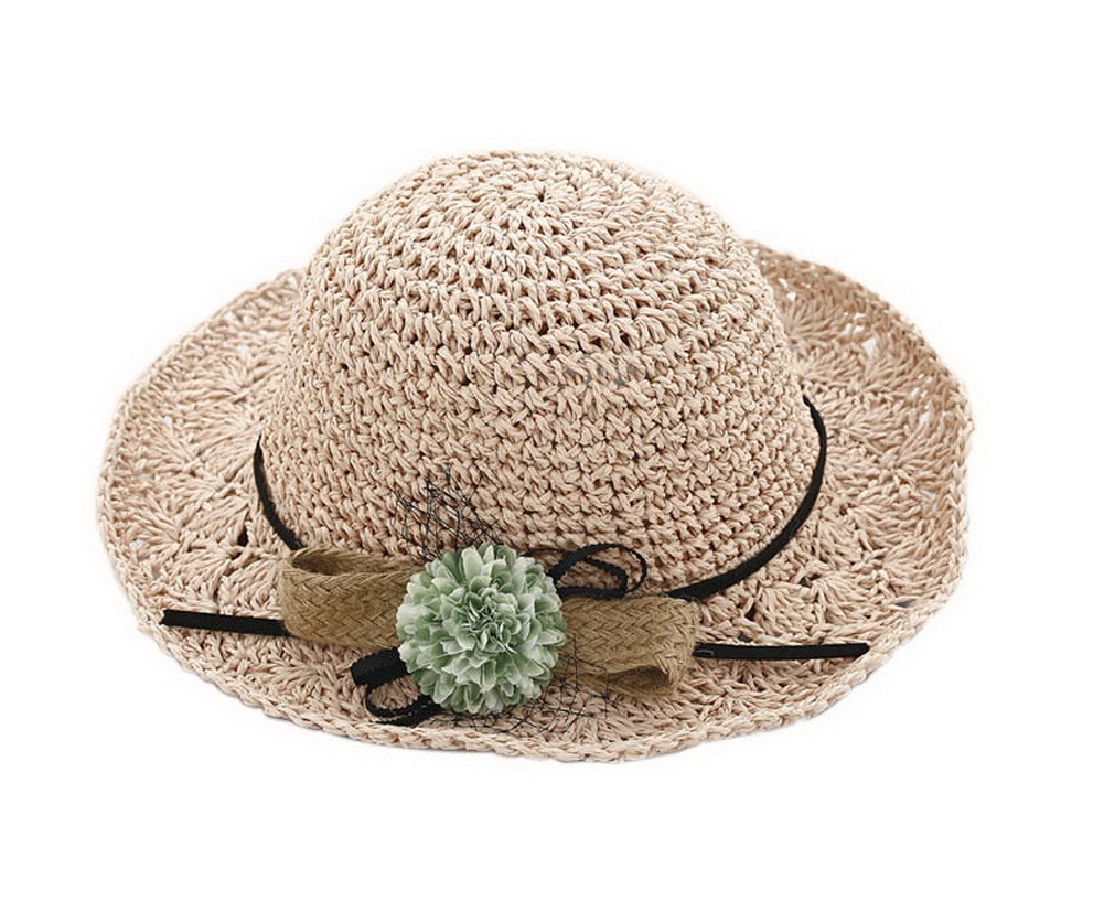 Girls Flower Wide-Brimmed Straw Hat Toddler Summer Sun Beach Travel Hats Khaki