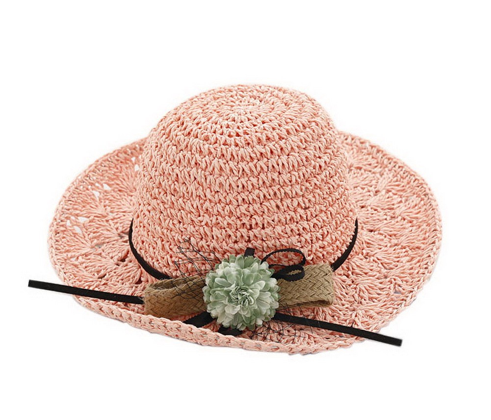 Girls Flower Wide-Brimmed Straw Hat Toddler Summer Sun Beach Travel Hats Pink