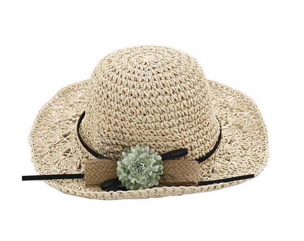 Girls Flower Wide-Brimmed Straw Hat Toddler Summer Sun Beach Travel Hats Beige