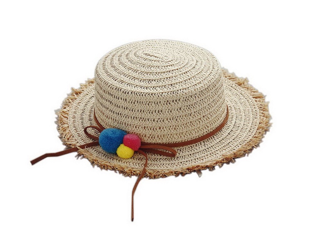 Kids Straw Summer Sun Hat Toddler Travel Beach Picnic Wide-Brimmed Hats Beige