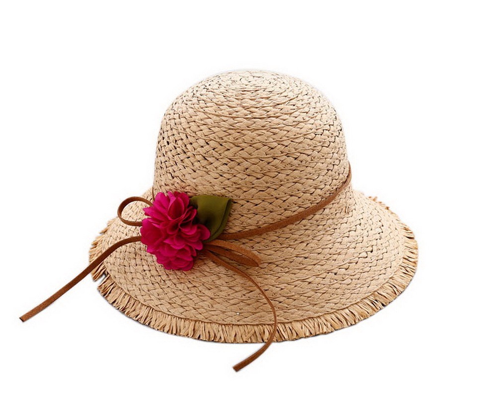 Girls Flower Wide-Brimmed Straw Hat Travel Beach Picnic Summer Sun Hats Khaki