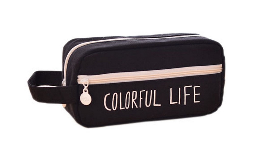 Black Colorful Life Pattern Canvas MultifunctionLarge Capacity Cute Pencil Cases