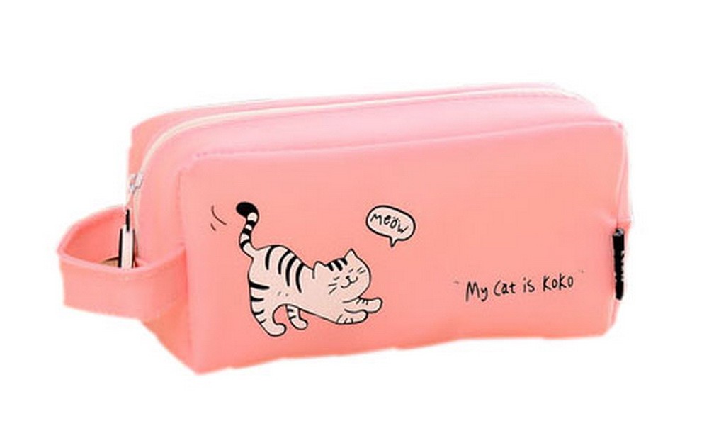 Pink Flower Cat Pattern Silicone Simple Creative Large Capacity Cute Pencil Case