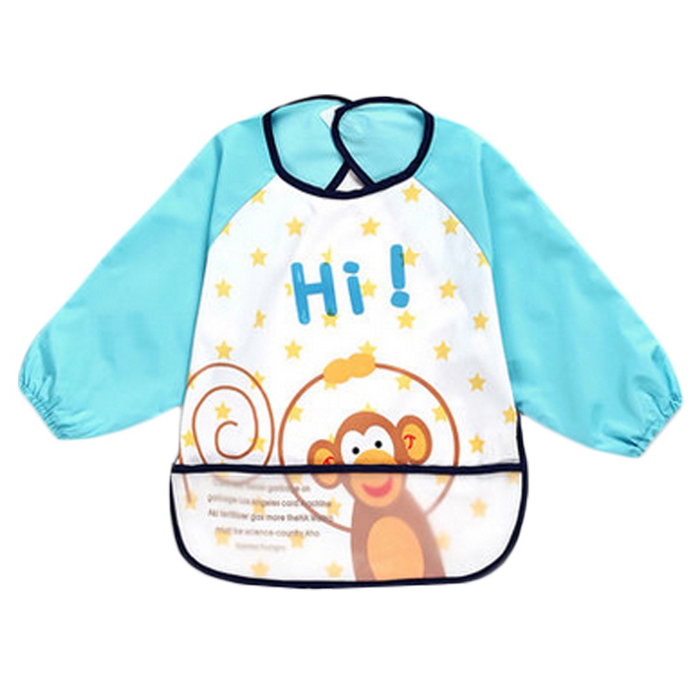 Lovely Blue Monkey Waterproof Baby Feeding Clothes Long-sleeved Baby Bibs