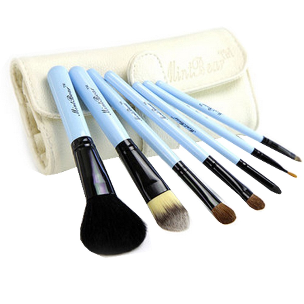 Beginner 7-Pieces Blue Portable Cosmetic Brush Kit Makeup Brushes Set+White Case