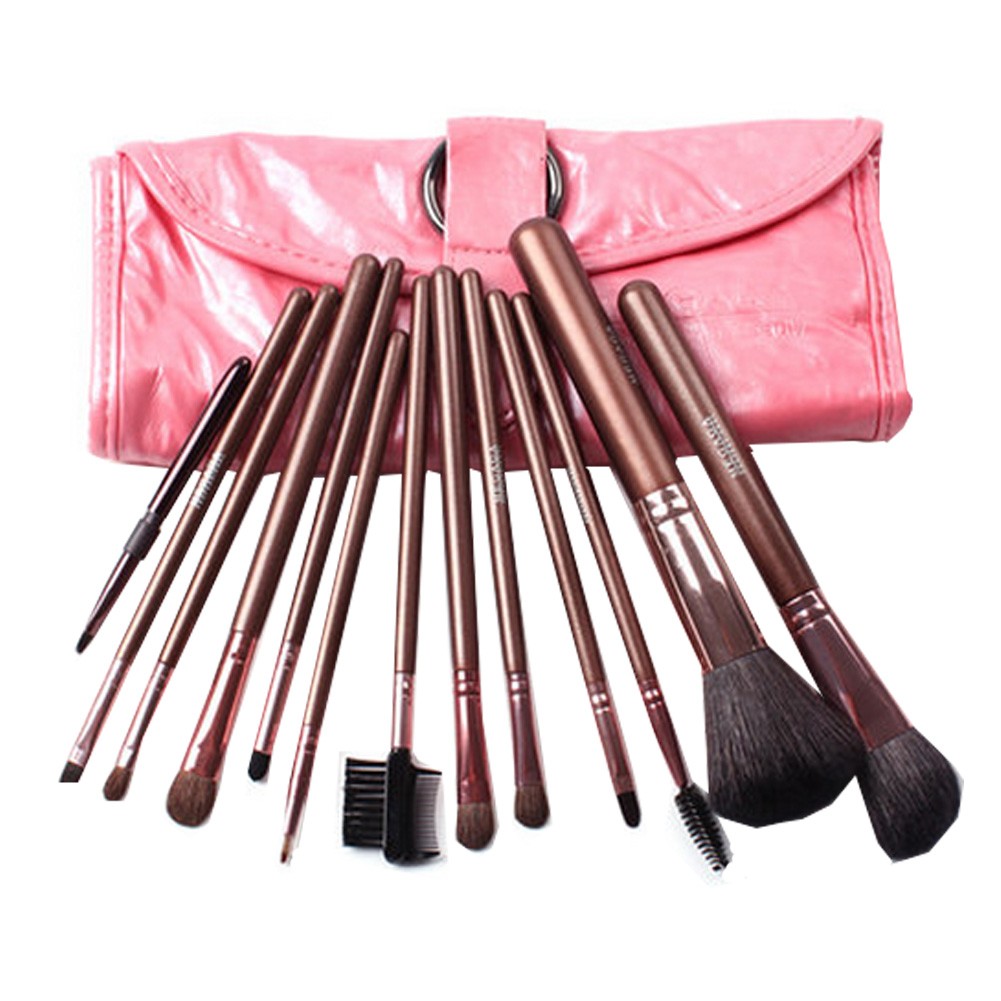 12-Pcs Portable Animal Wool Cosmetic Brush Kit Makeup Brushes Set+ Case,Pink