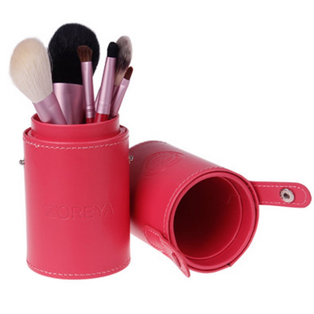 Portable 7-Pcs Barrelled Cosmetic Brush Kit Makeup Brushes Set-Pink