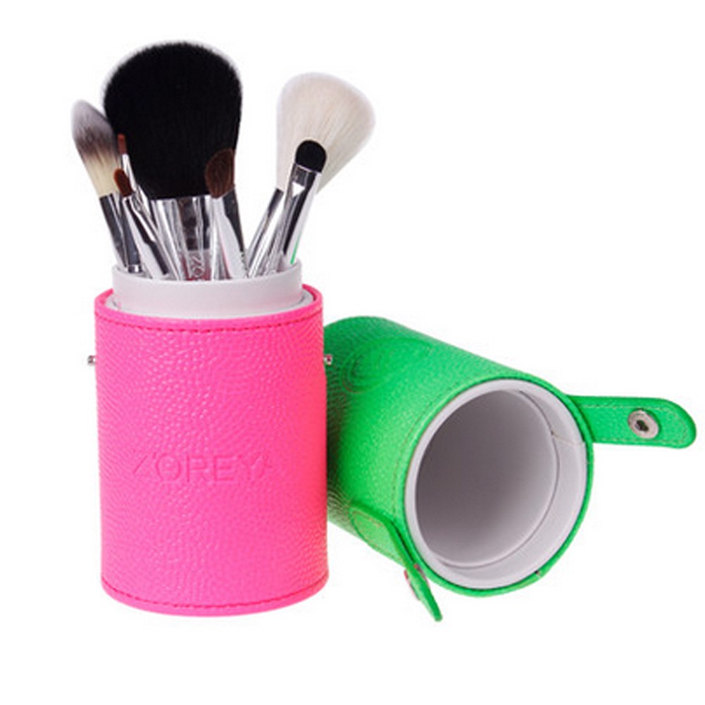 Portable 7-Pcs Barrelled Cosmetic Brush Kit Makeup Brushes Set-Pink/Green