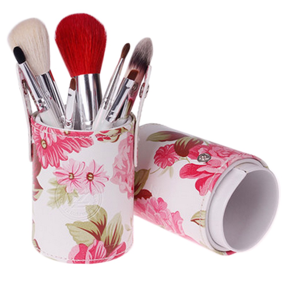 Portable 7-Pcs Barrelled Cosmetic Brush Kit Makeup Brushes Set-Pink Flower