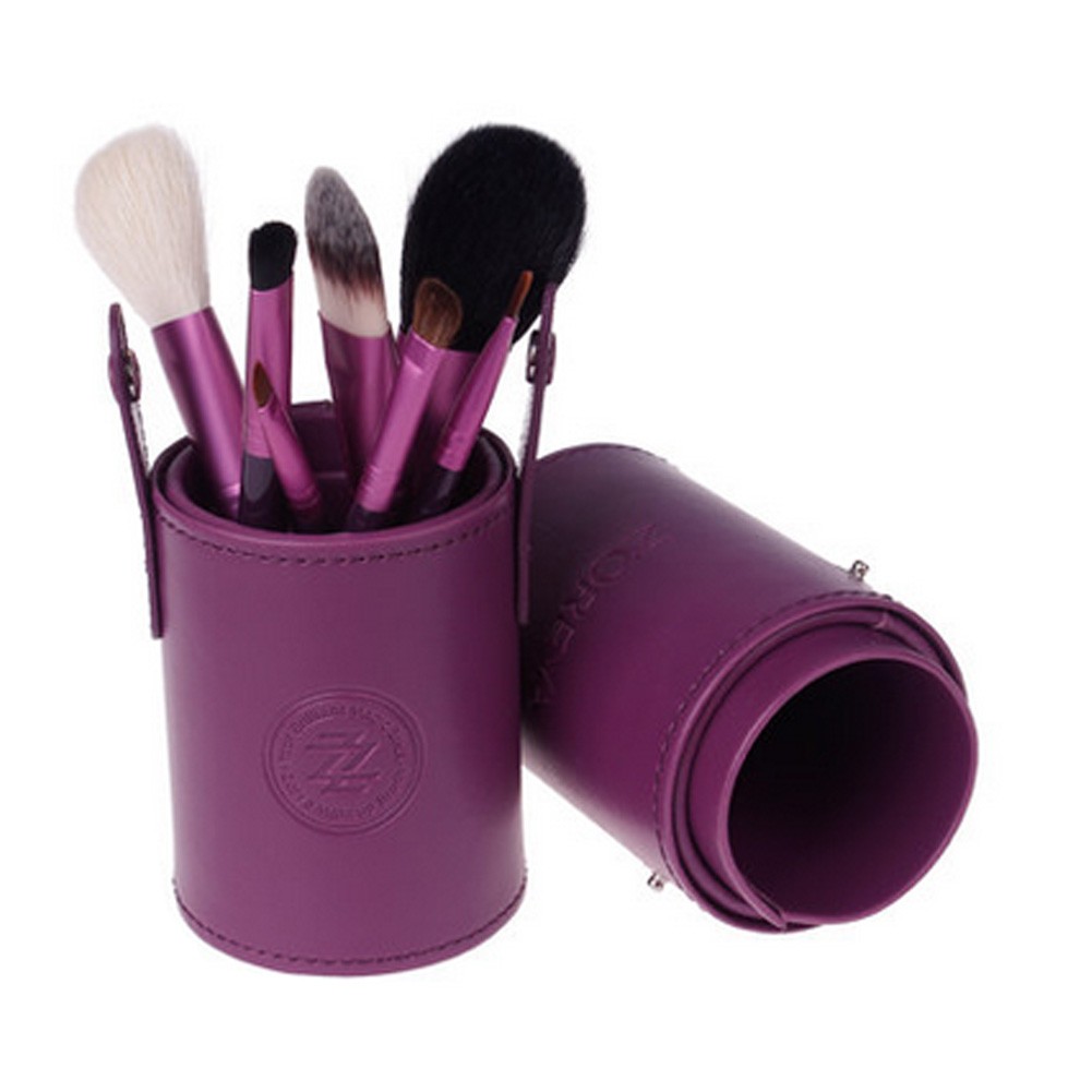Portable 7-Pcs Barrelled Cosmetic Brush Kit Makeup Brushes Set-Purple