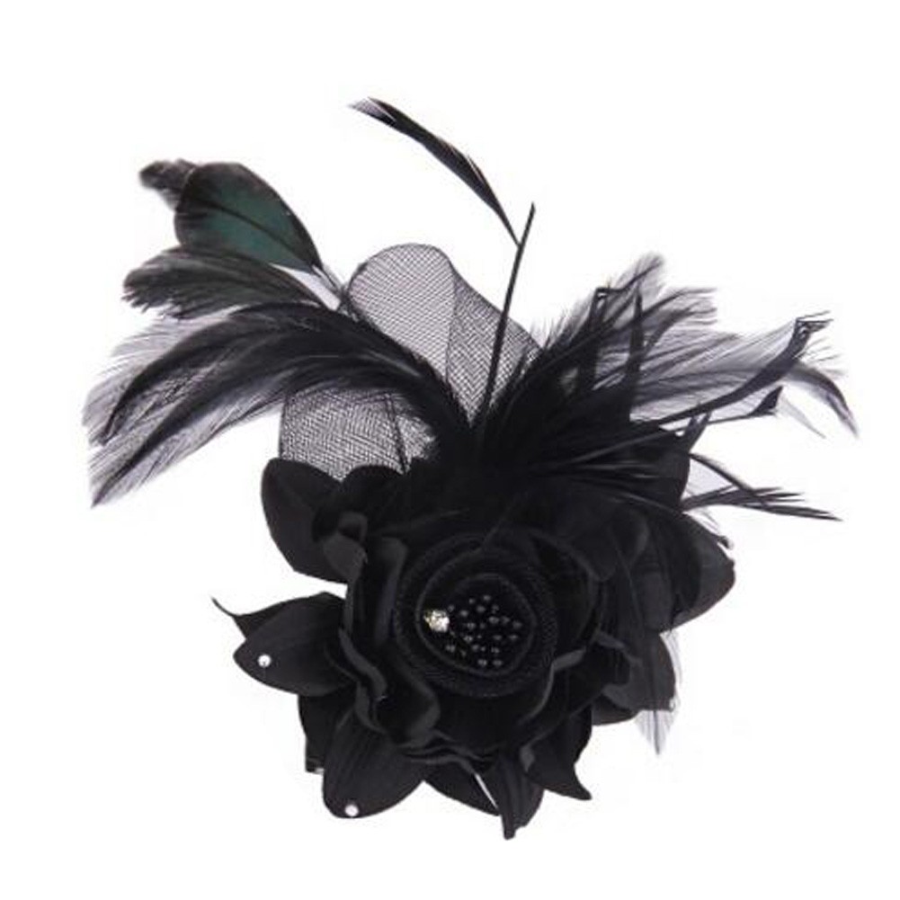 Ladies Retro Pin Brooches Hair Decor Feather And Cloth Flower Brooches, Black