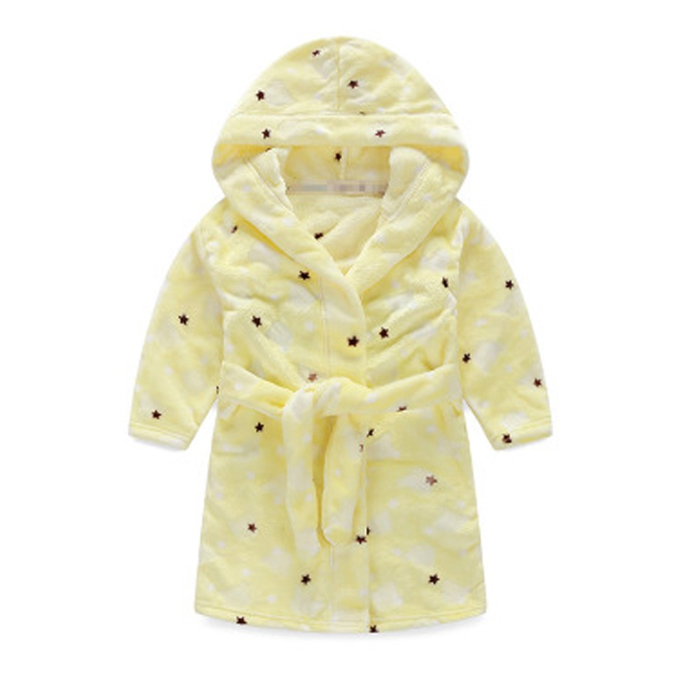 Kids Hooded Plush Robe Soft Bathrobe Cartoon Bathrobe Warm Robe Yellow Star