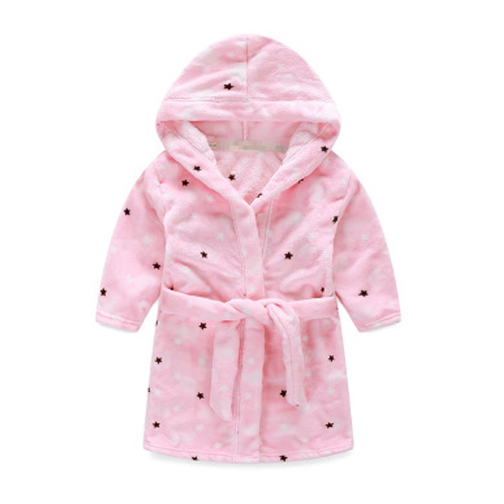 Kids Hooded Plush Robe Soft Bathrobe Cartoon Bathrobe Warm Robe Pink Star