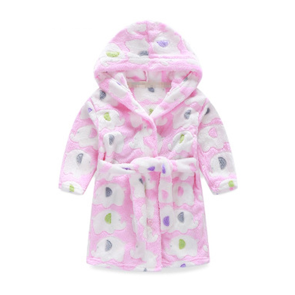Kids Hooded Plush Robe Soft Bathrobe Cartoon Bathrobe Warm Robe Pink Elephant