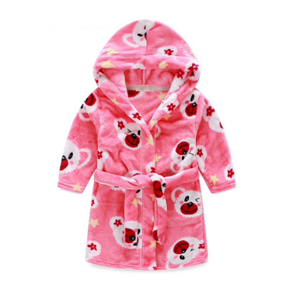 Kids Hooded Plush Robe Soft Bathrobe Cartoon Bathrobe Warm Robe Pink Bear