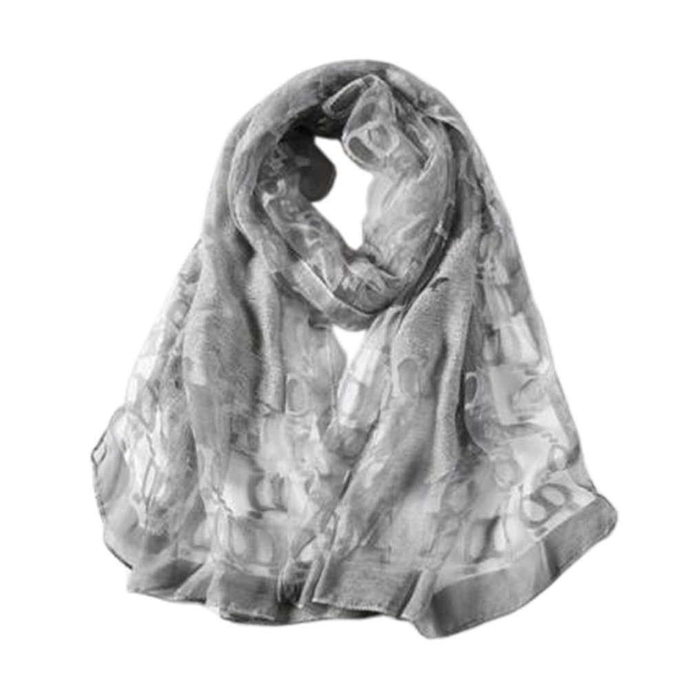 Fashion Silk Scarf Neckerchief Shawl Wrap Scarves Elegant Lace Embroidery Scarves Grey