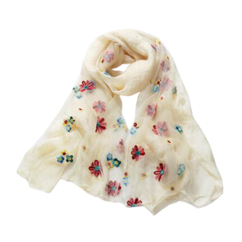 Fashion Silk Scarf Neckerchief Shawl Wrap Scarves Elegant Lace Embroidery Scarves Flower Beige
