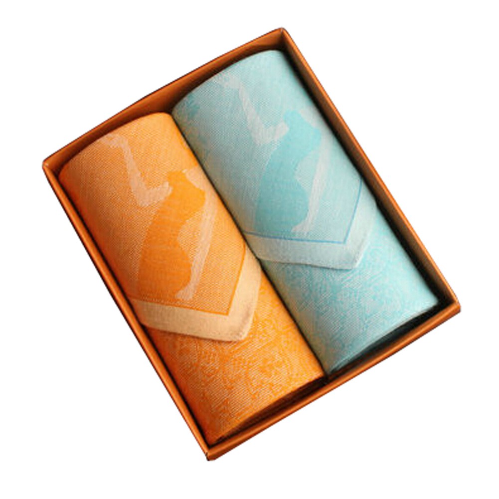 Set of 2 Women 100% Cotton Soft Elegant Lady Handkerchiefs,Orange/Blue