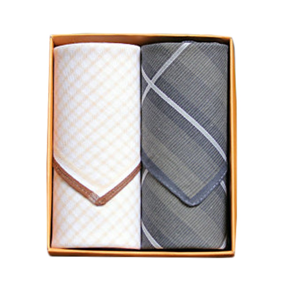 2Pcs Mens Pocket Square Hanky Pure Cotton Soft Handkerchiefs,Brown Praid/Grey