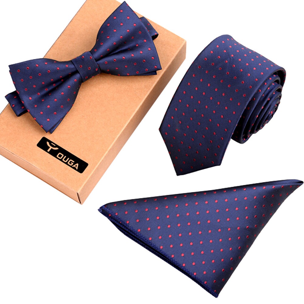 Mens Stylish Formal/Informal Ties Set, Necktie Bow Tie Pocket Square Navy