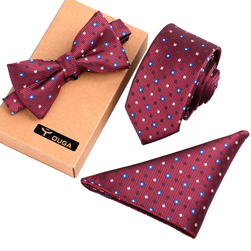 Mens Formal/Informal Ties Set, Red Fashionable Necktie/Bow Tie/Pocket Square