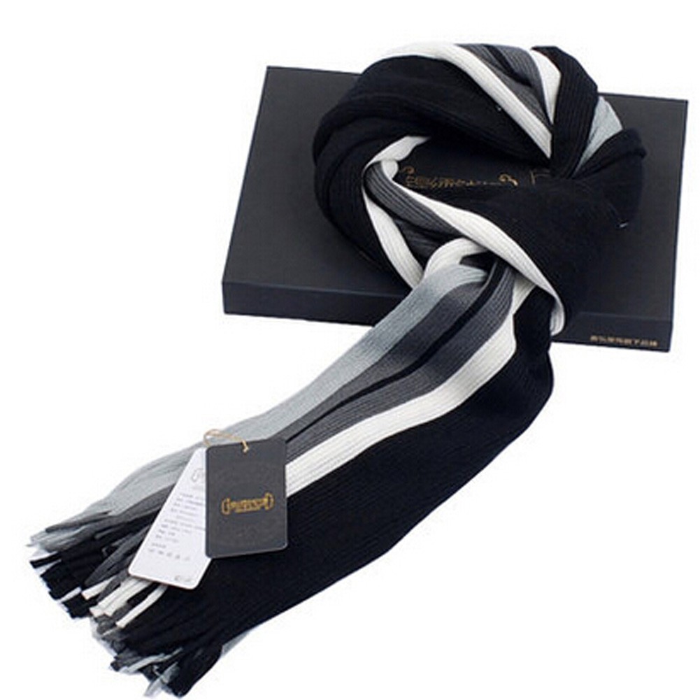 Stylish Men's Scarf Colorful Striped Knitted Long Scarf Thicken Black/Gray
