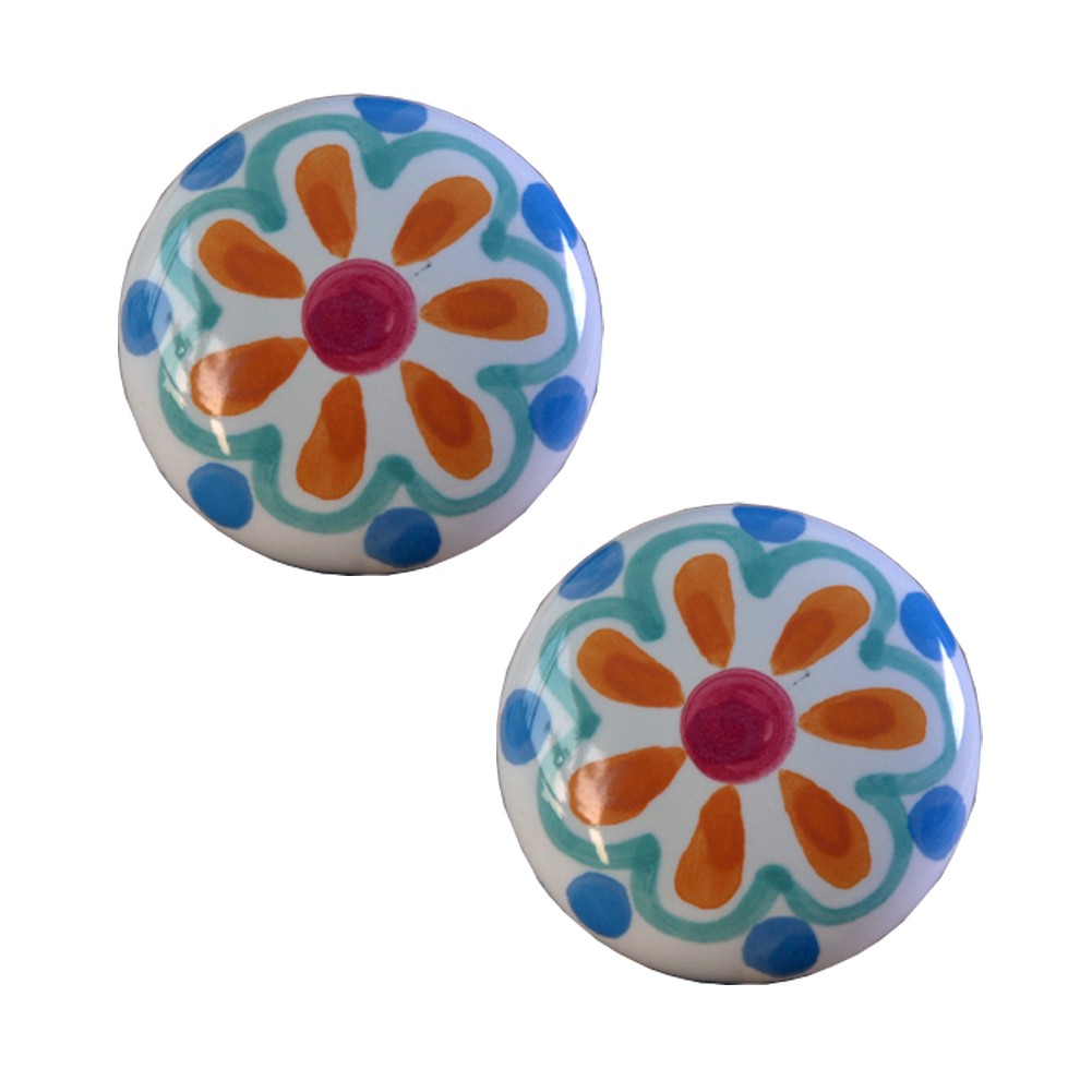 Set of 2 38mm Colourful Flowers Ceramic Cabinet Knobs Drawer Pull Handles