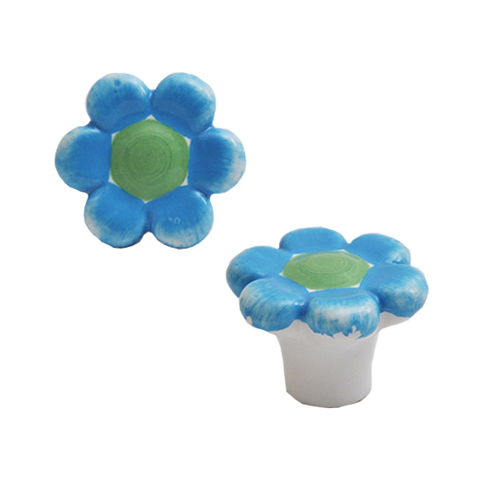 Colorful Flowers 38mm Ceramic Cabinet Knobs Drawer Pull Handles Blue 1pcs