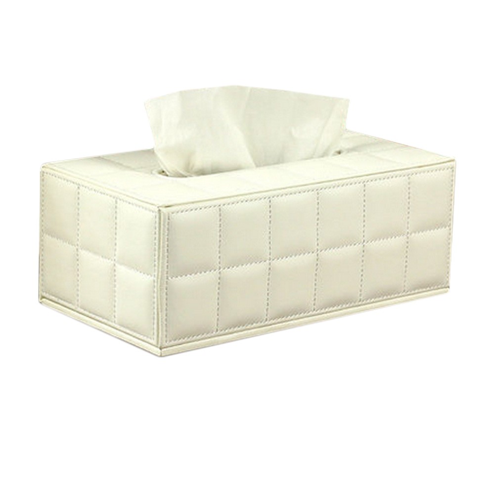 Leather Retro Tissue Holder Paper Box Rectangle- Block Plaid/White