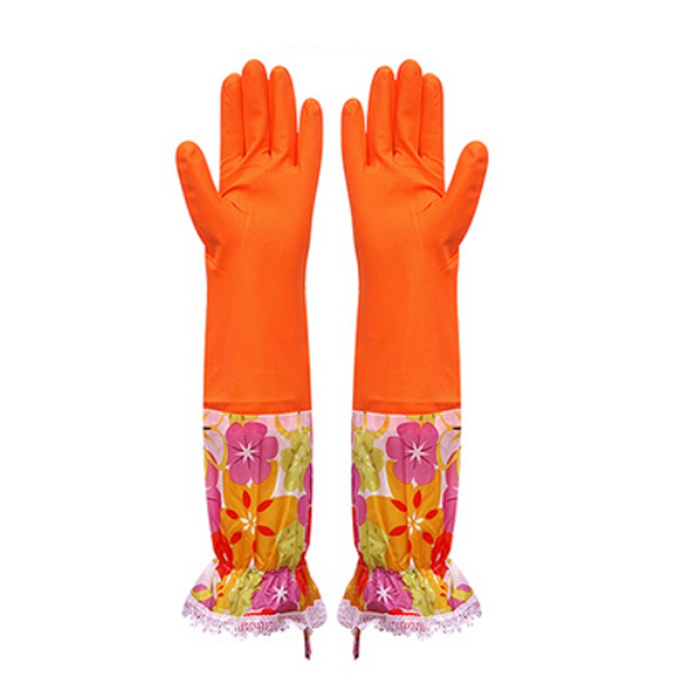 Colorful Flowers Reusable Latex Gloves Cleaning Gloves Medium Size 1 Pair Orange