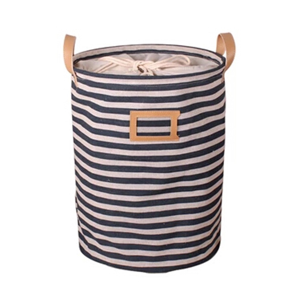 PU/Cotton/Linen Foldable Laundry Basket Storage Bag Striated Practical Bag,Blue