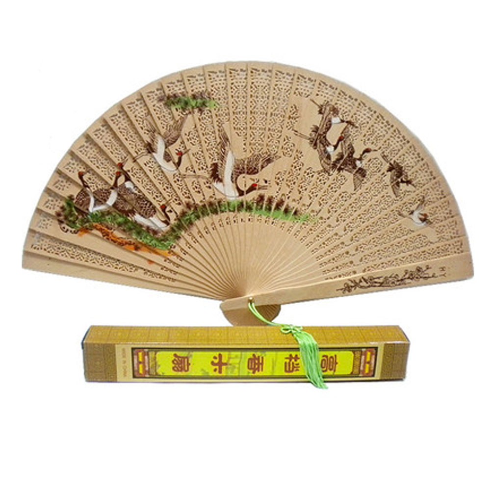 Cute Chinese Hand Sandalwood Fan With Carved Patterns(Choi Cranes)