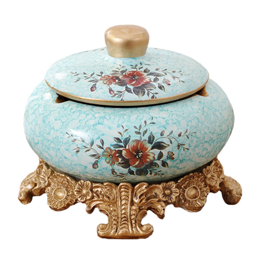 Household Ceramics Ashtray Elegant Europeanism Ash Tray With Cover Blue