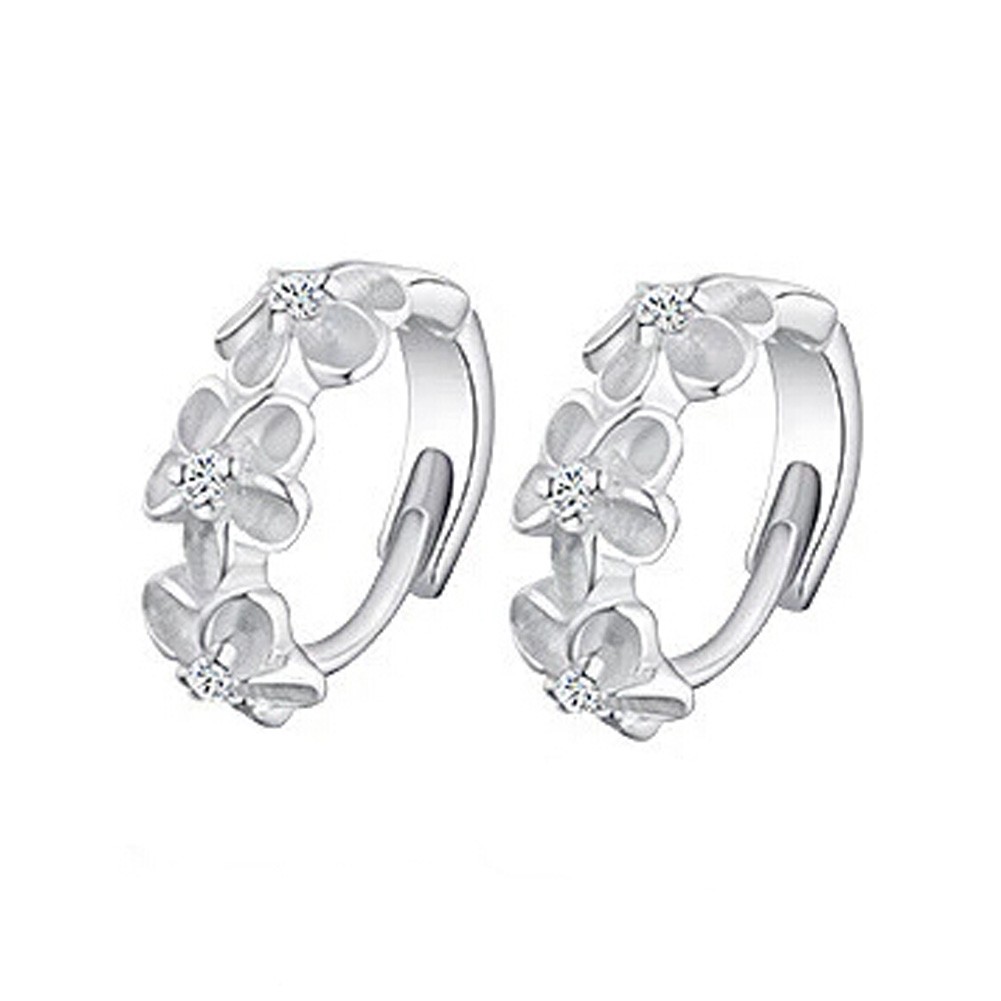 Set Of 2 Women Sterling Silver Round Cubic Stainless Steel Hoop Flower Earrings