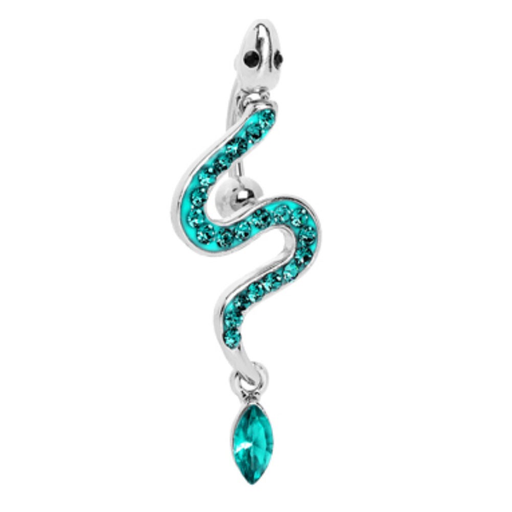 316L Steel Crystal Slithering Snake Chain Dangle Navel Belly Button Ring Green