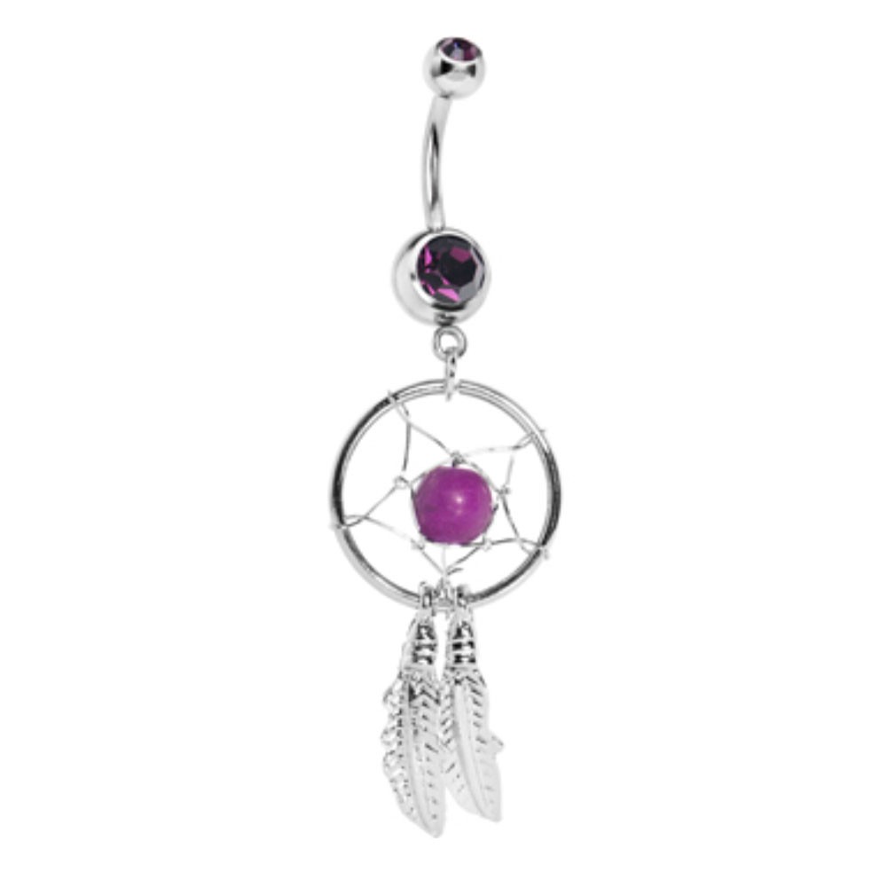 316L Steel Crystal Dream catcher Chain Dangle Navel Belly Button Ring PURPLE