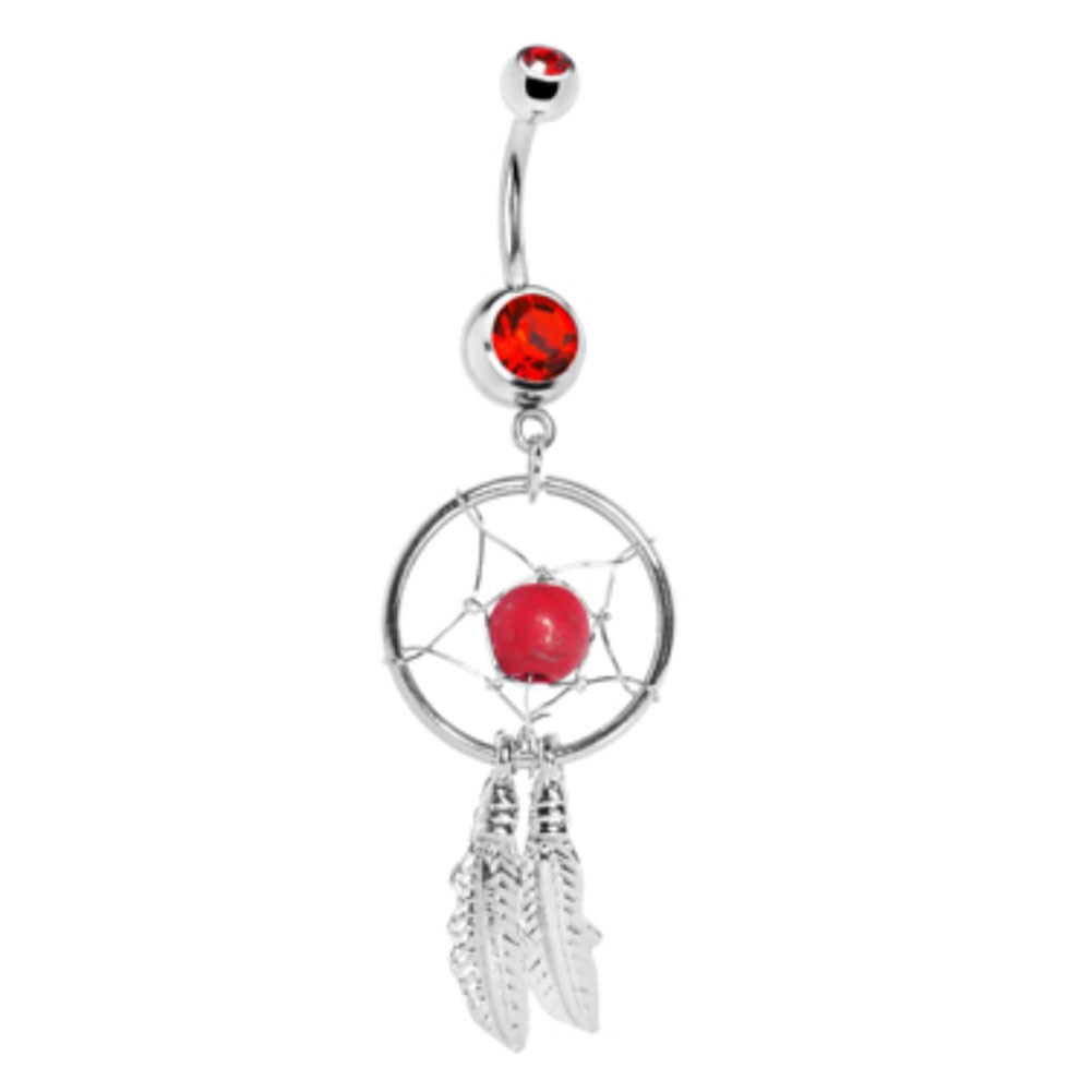 316L Steel Crystal Dream catcher Chain Dangle Navel Belly Button Ring RED