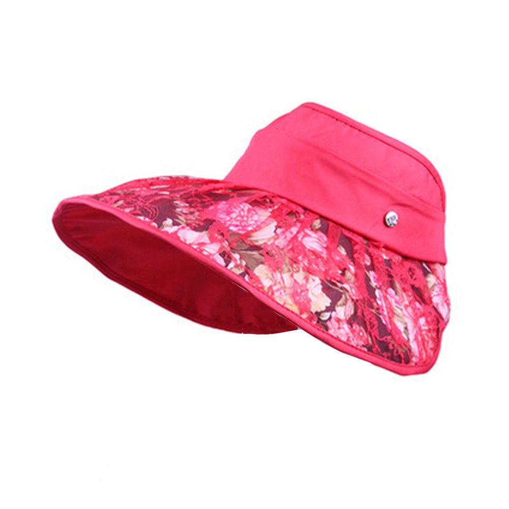 Women's Summer Empty Top Hat Lace Wide Brim Sun Hat Cycling Cap, Red
