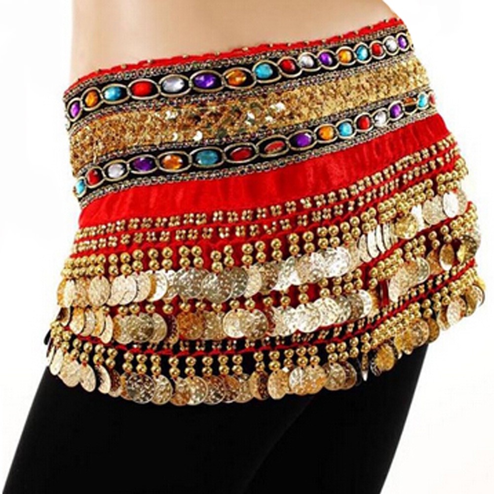 Gold Coins Belly Dance Hip Scarf Vogue Style, Gift idea,Sheer And Elegant,Red