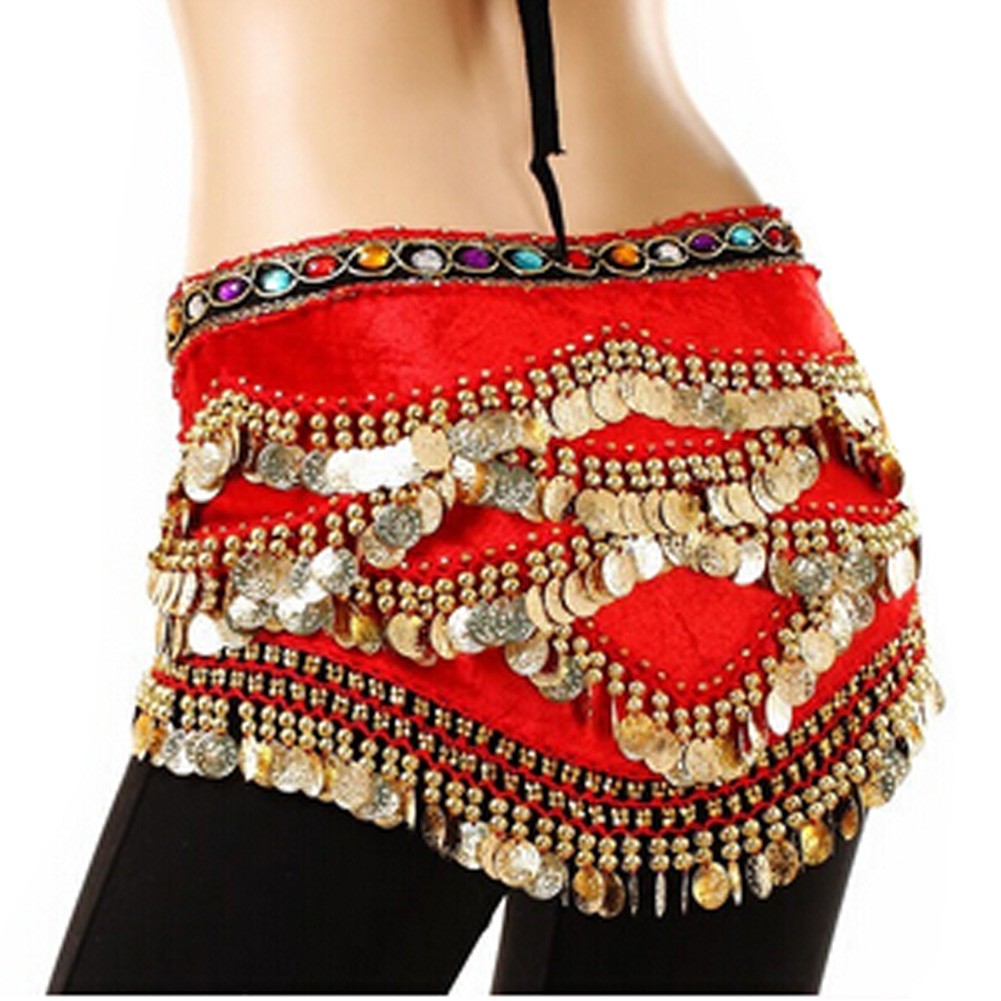 Gold Silver Coins Belly Dance Hip Scarf Vogue Style, Elegant,Red