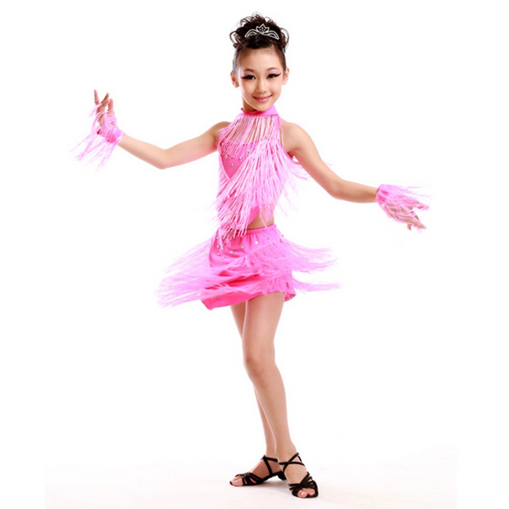 Girls' Party Dancing Dress Latin Dress Costume Split 110cm-120cm,Pink