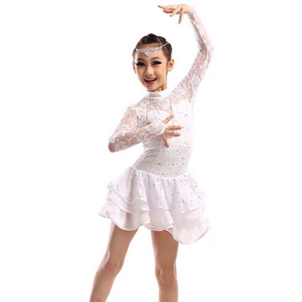 New Girls' Party Dancing Dress Latin Costume long sleeve Lace,110cm-120cm,White