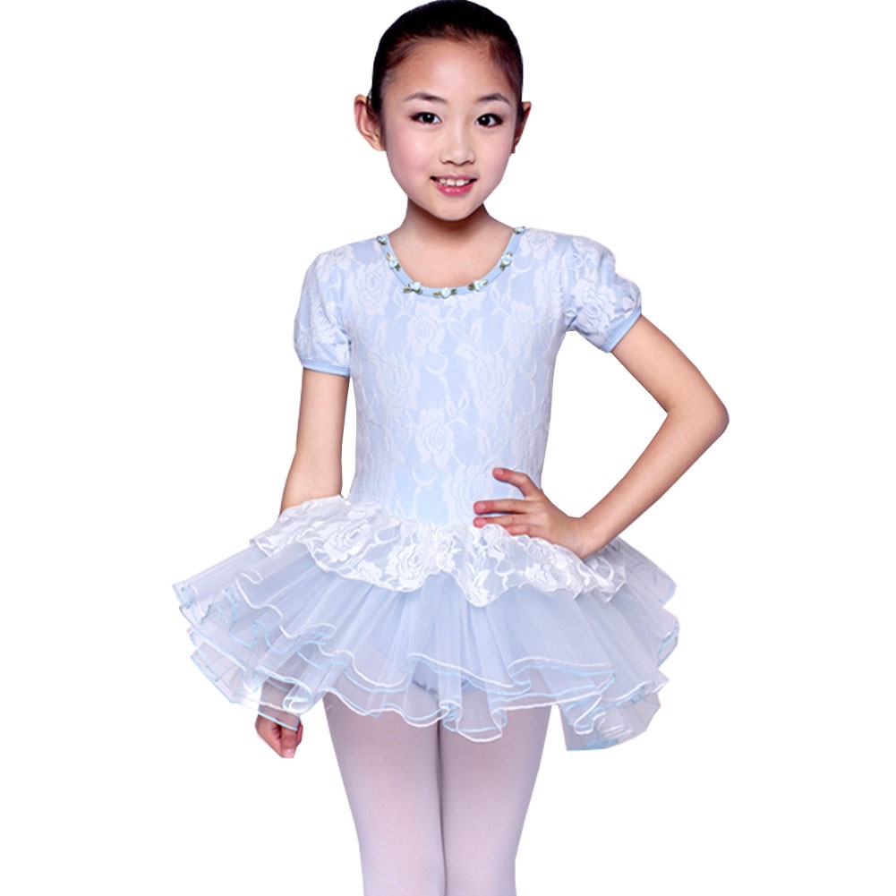 Little Girls' Lace Tutu Dress Ballet Party Dresses Short Sleeve Blue Rose 130cm