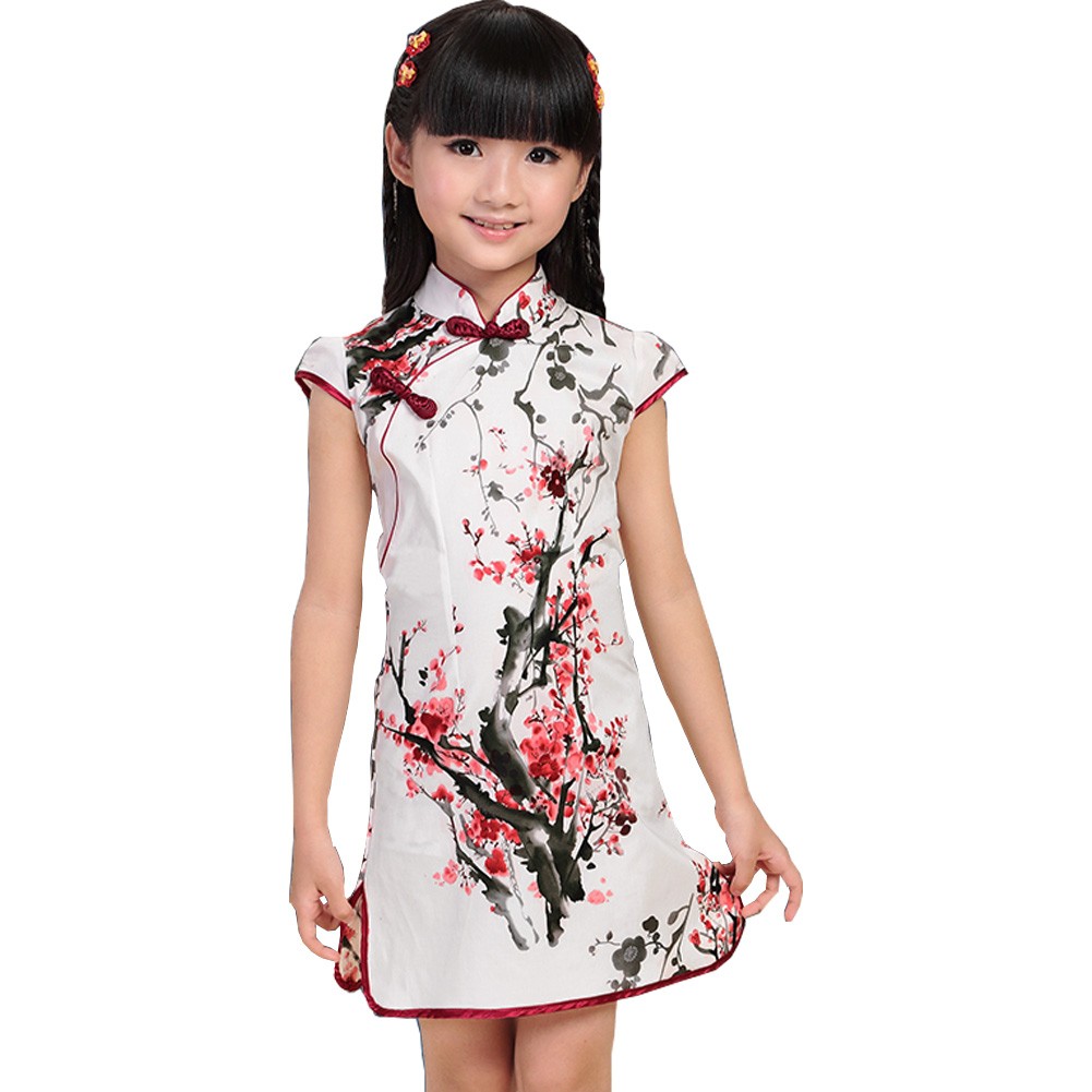 Plum Blossom Children Girls Floral Short Sleeve Cheongsam Dress 120cm