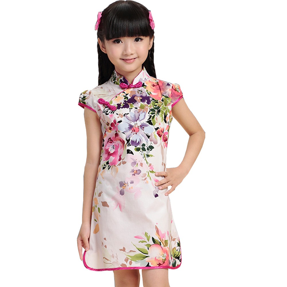 Spring Hibiscus Children Girls Floral Short Sleeve Cheongsam Dress 120cm