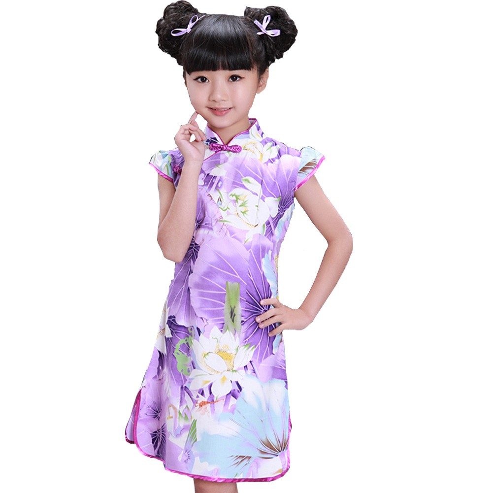 Purple Lotus Children Girls Floral Short Sleeve Cheongsam Dress 120cm