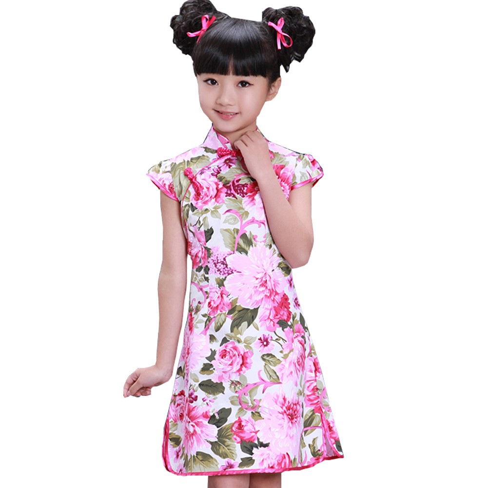 Blooming Peony Children Girls Floral Short Sleeve Cheongsam Dress 120cm