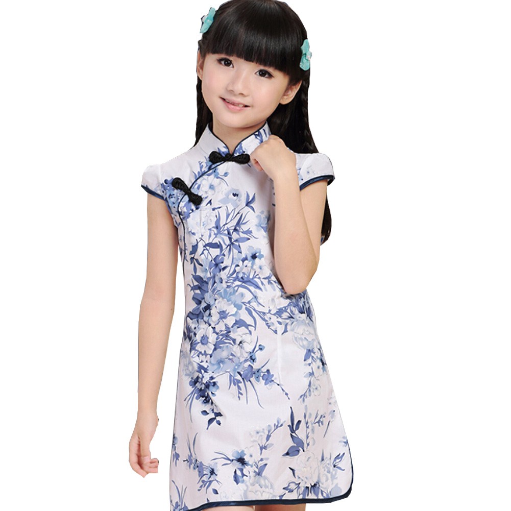 Blooming Flowers Children Girls Floral Short Sleeve Cheongsam Dress 120cm Blue