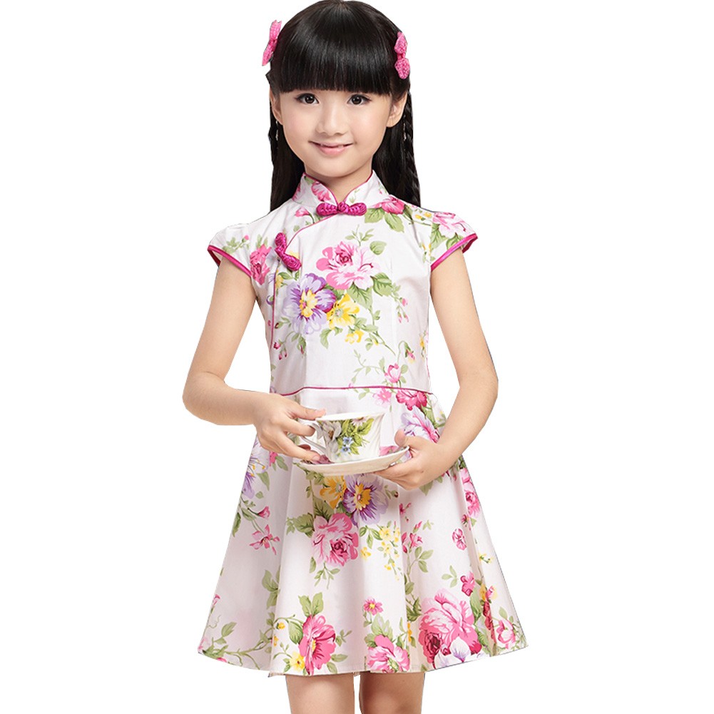 Colorful Flowers Children Girls Floral Short Sleeve Cheongsam Dress 120cm Pink