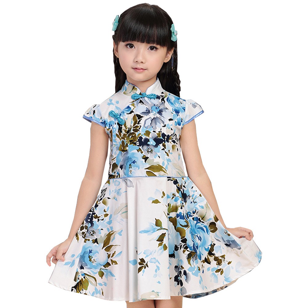 Beautiful Flowers Children Girls Floral Short Sleeve Cheongsam Dress 120cm Blue